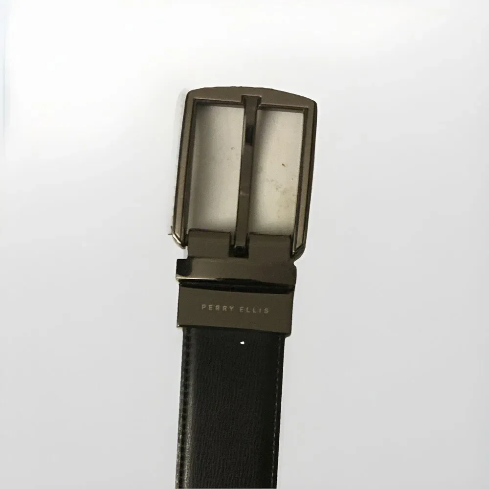 Perry‎ Ellis Men’s Dress Belt Black/Brown 35/90 Reversible Logo Metal Buckle
